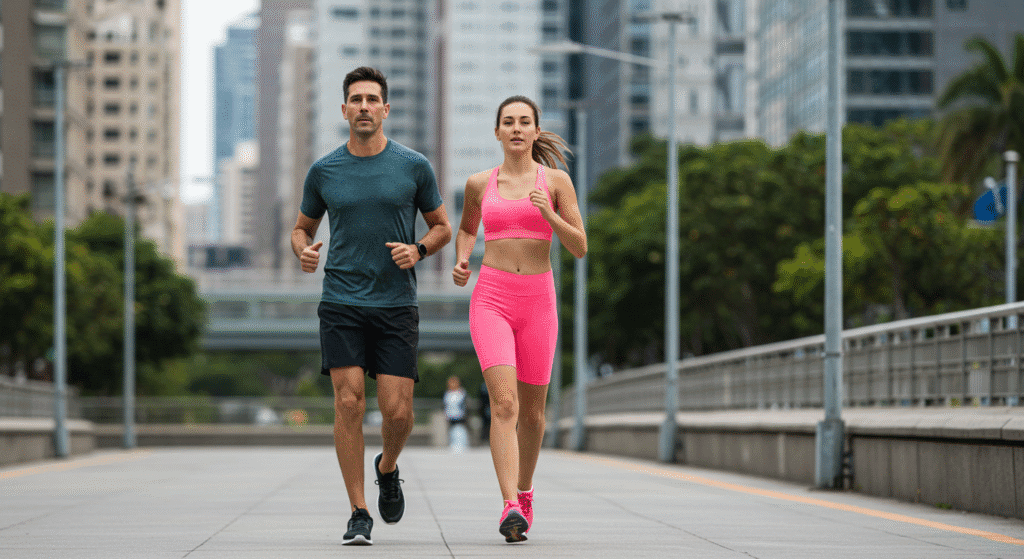 Man and Woman Speed Walking in Big City
