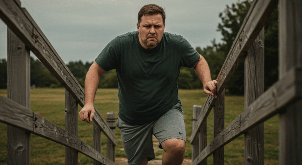 Overweight Man Trying to Climb Stairs