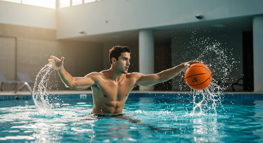 Fitness Instructor Swimming in Pool While Playing Basketball