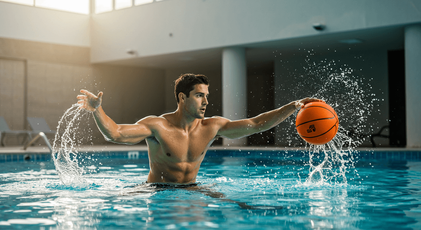 Fitness Instructor Swimming in Pool While Playing Basketball