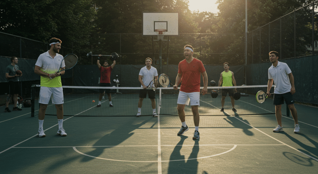 Men Playing Tennis on a Basketball Court While Others are Lifting Weights
