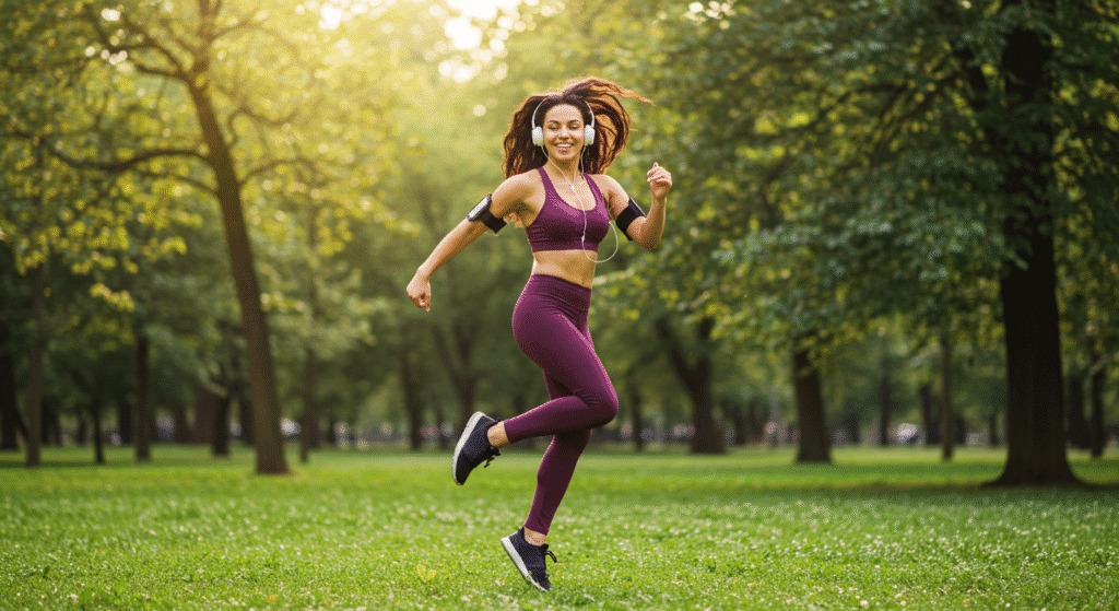 Woman Dancing and Listening to Music While Jogging in The Park