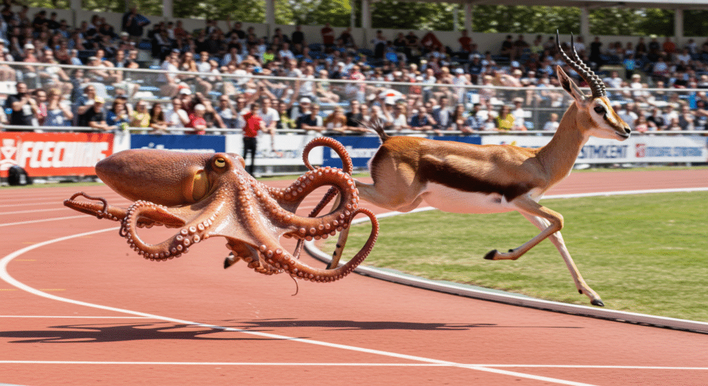 An Octopus and a Gazelle Running on a Race Track