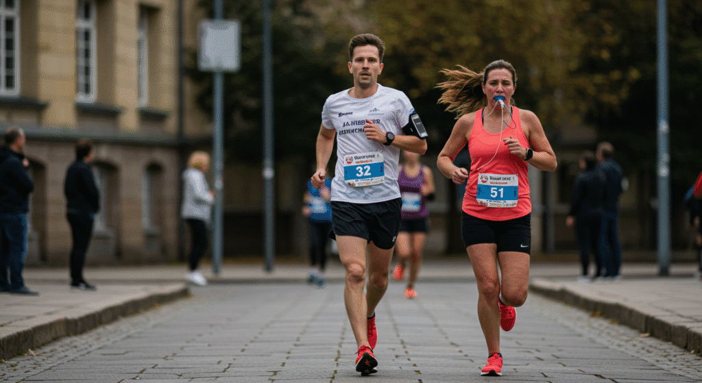 Running Race Between a Man and a Woman with Breathing Difficulties