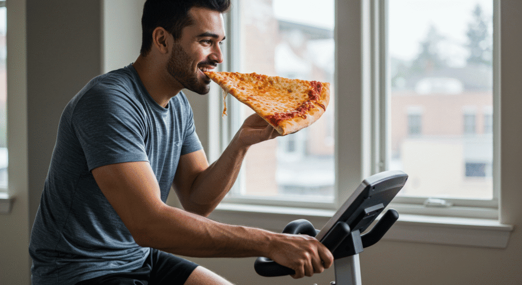 Man Eating Pizza While Riding Stationary Bike