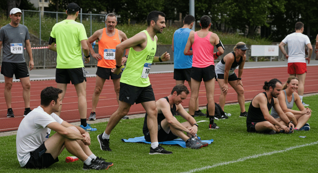 Running Race People Warming Up and Then Cooling Down After Race