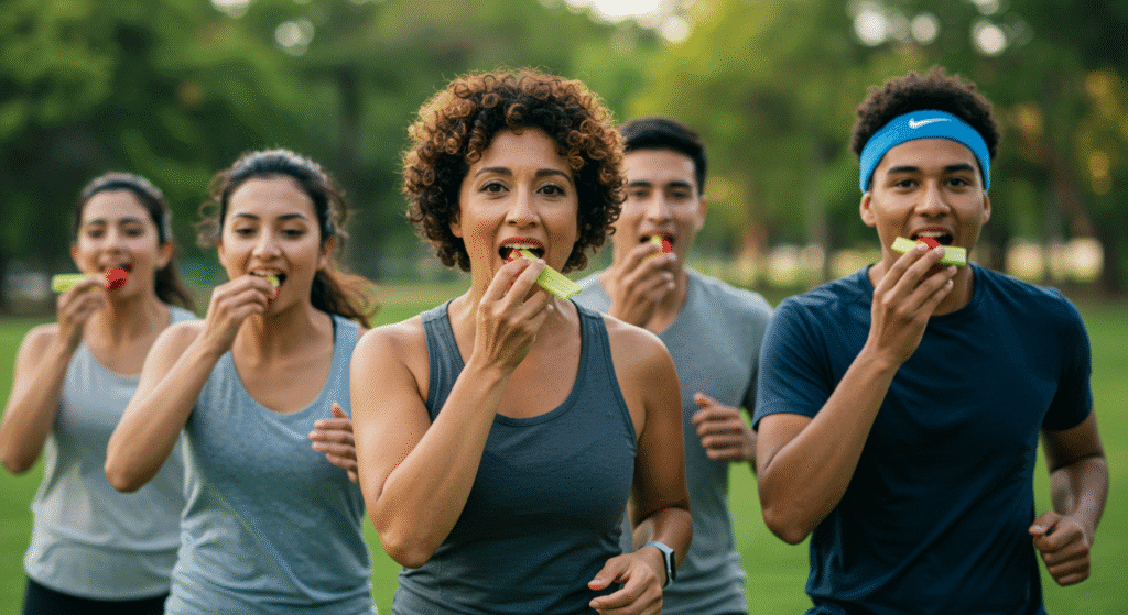 Runners Eating Fruits and Veggies While Running