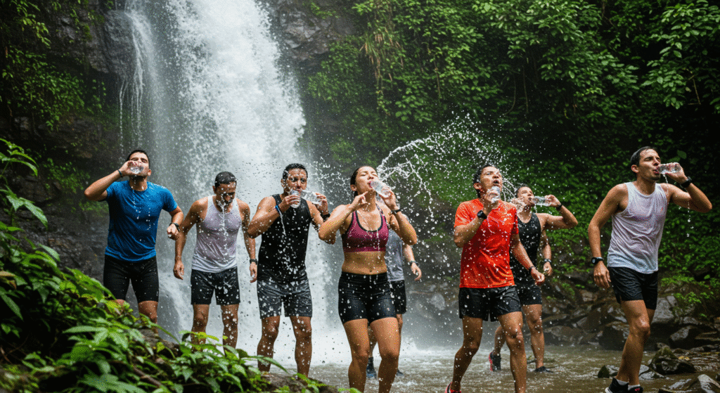 Runners Guzzling Great Amounts of Water While Running Under a Waterfall