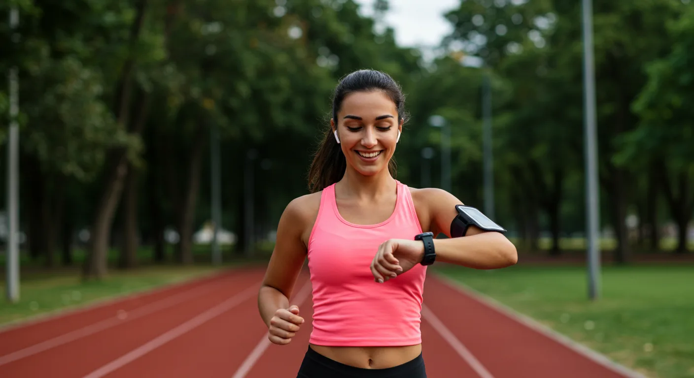 Running Woman Checking Her Watch and Smiling