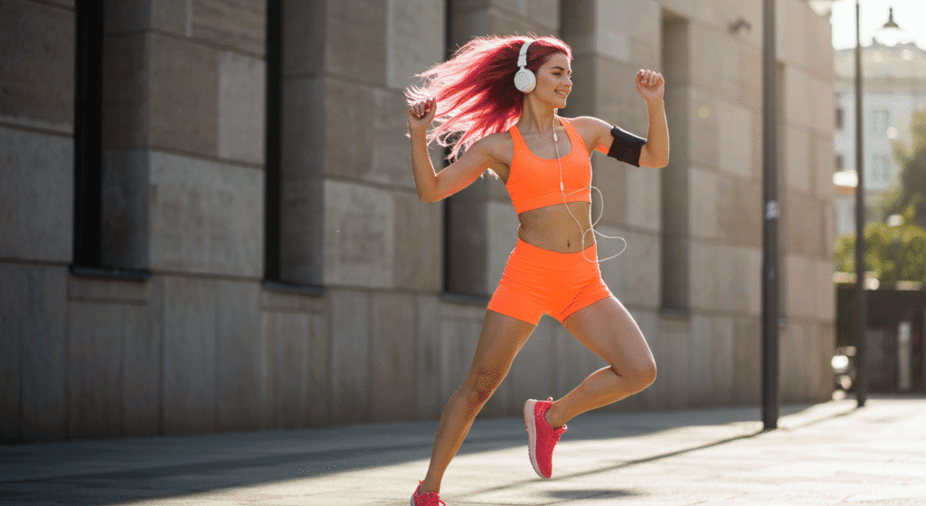 Woman Dancing While Jogging and Listening to Music