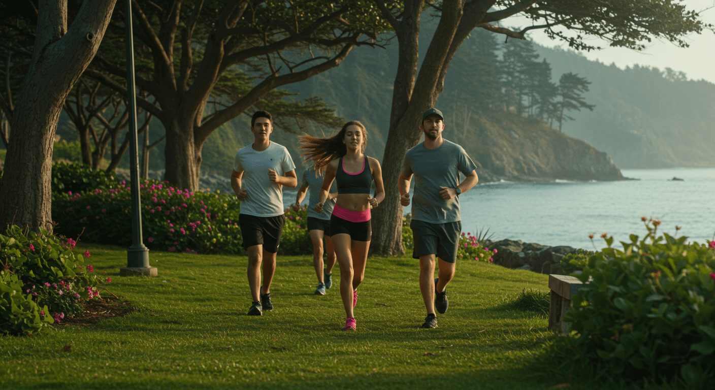 Joggers Jogging Through a Scenic Park by The Ocean