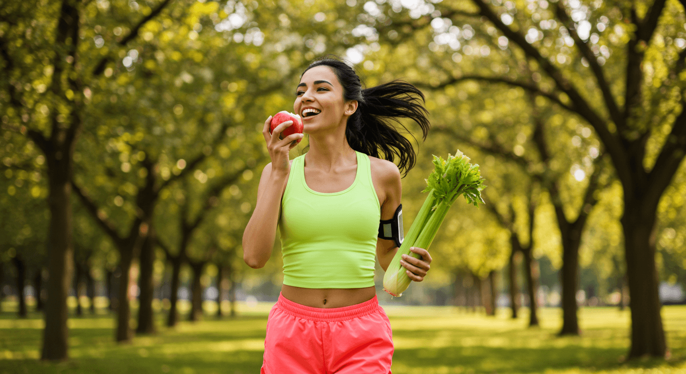 Woman Jogging While Eating an Apple and Holding Celery in Her Other Hand