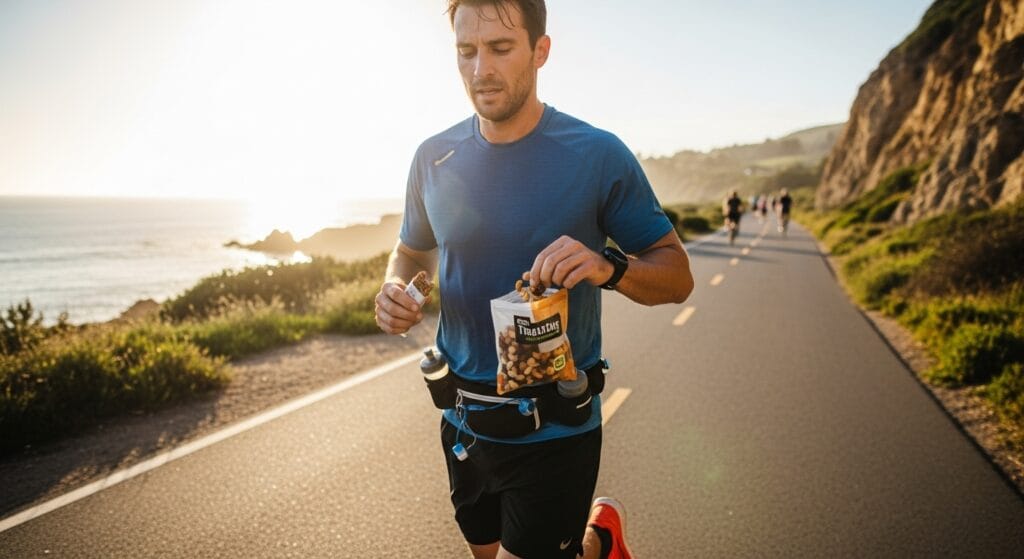 Man Training for a Marathon While Eating Snacks