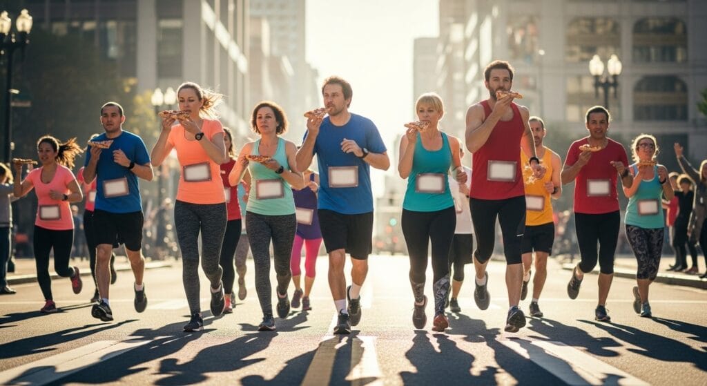 Runners Eating Pizza While They Race Each Other