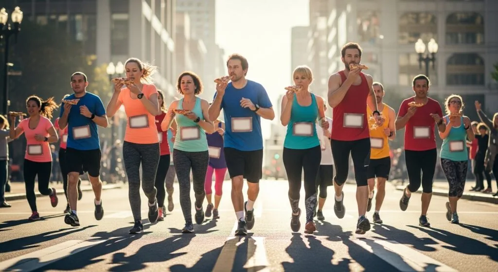 Runners Eating Pizza While They Race Each Other