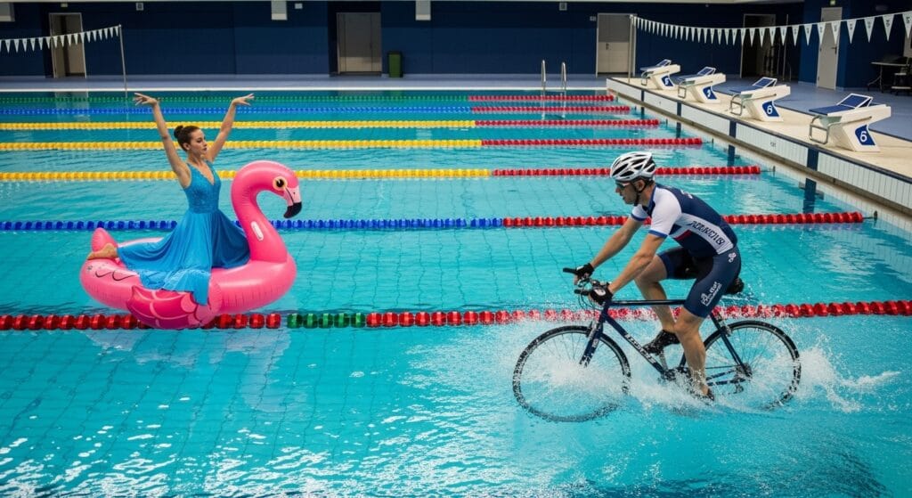 Man Riding a Bike in an Olympic Swimming Pool While Woman Dances on a Floatation Device in the Pool