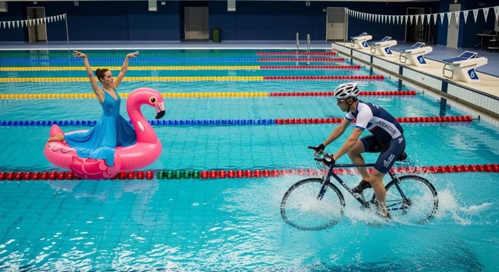 Man Riding a Bike in an Olympic Swimming Pool While Woman Dances on a Floatation Device in the Pool