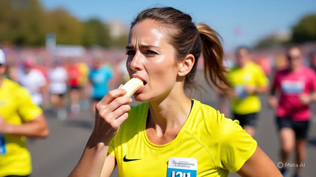Woman Eating a Snack While Running a Marathon